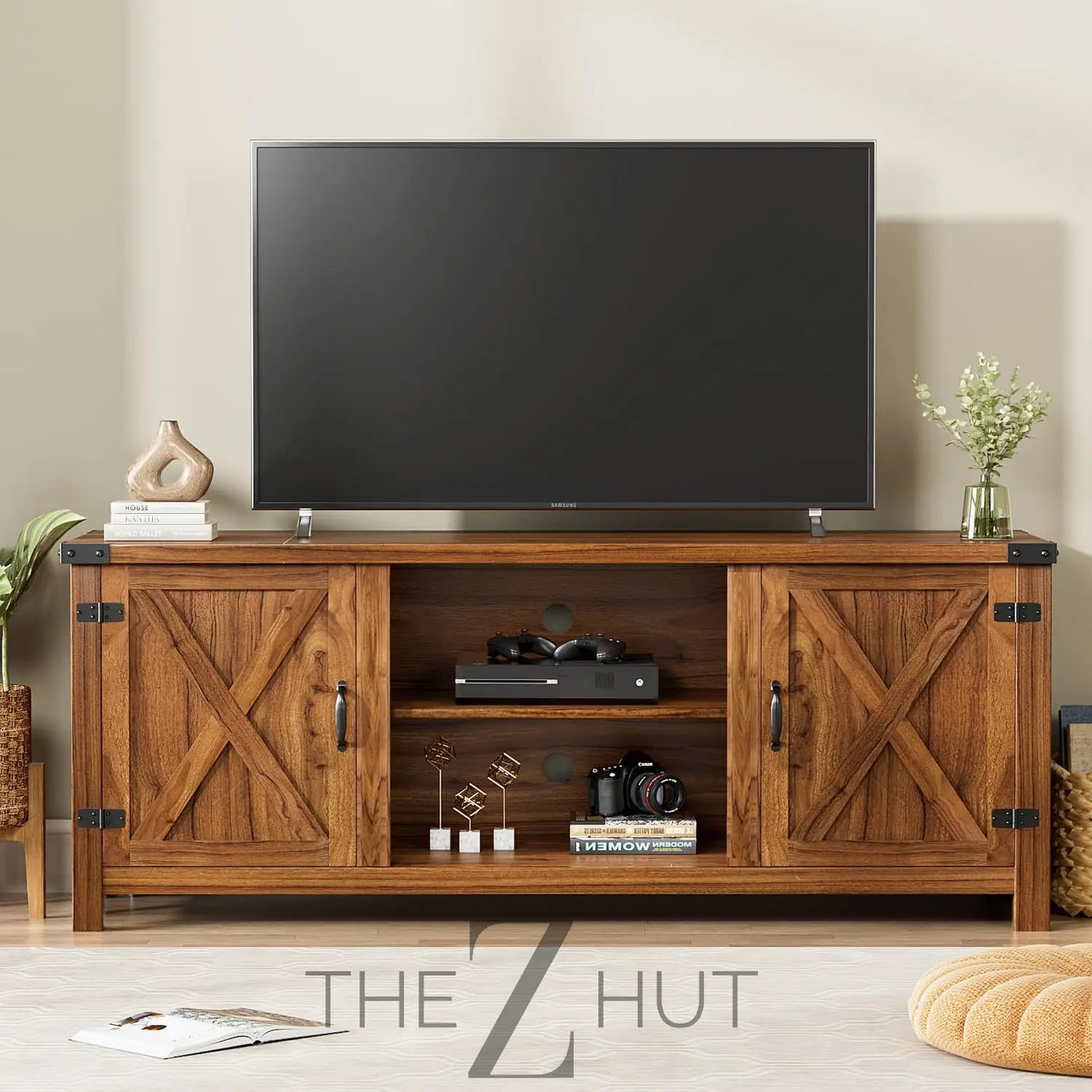 YESHOMY Modern Farmhouse TV Stand with Two Barn Doors and Storage Cabinets for Televisions up to 65+ Inch, Entertainment Center Console Table, Media Furniture for Living Room, 58 Inch, Gray Wash THE Z HUT