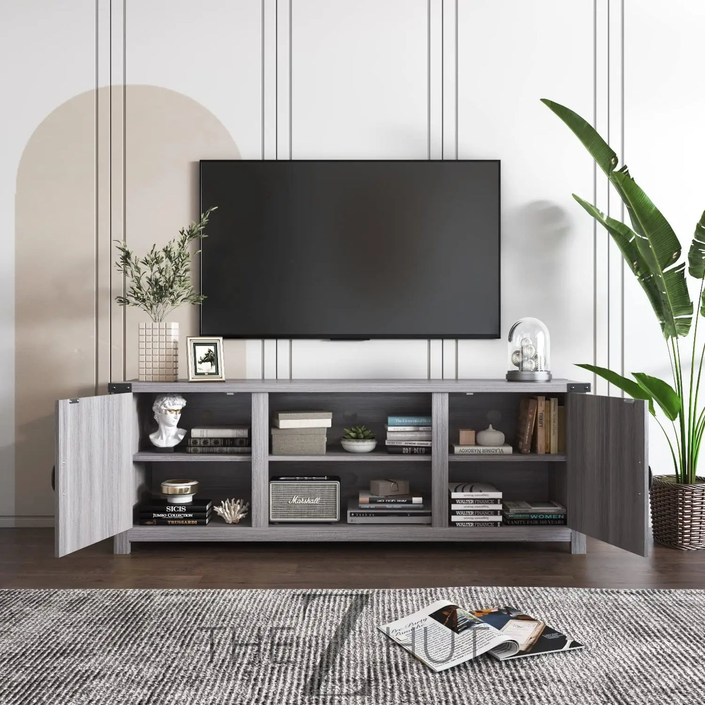 YESHOMY Modern Farmhouse TV Stand with Two Barn Doors and Storage Cabinets for Televisions up to 65+ Inch, Entertainment Center Console Table, Media Furniture for Living Room, 58 Inch, Gray Wash THE Z HUT