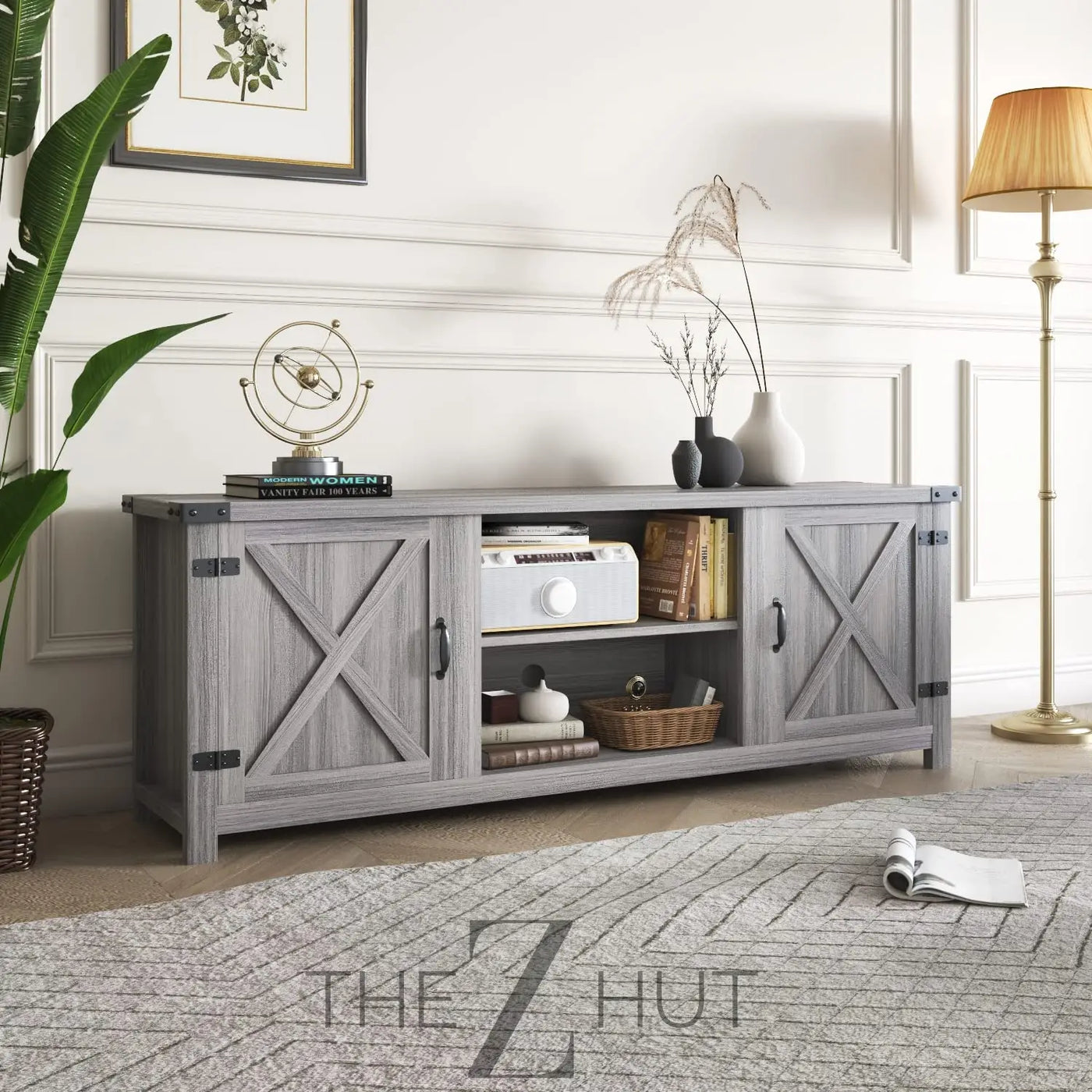 YESHOMY Modern Farmhouse TV Stand with Two Barn Doors and Storage Cabinets for Televisions up to 65+ Inch, Entertainment Center Console Table, Media Furniture for Living Room, 58 Inch, Gray Wash THE Z HUT