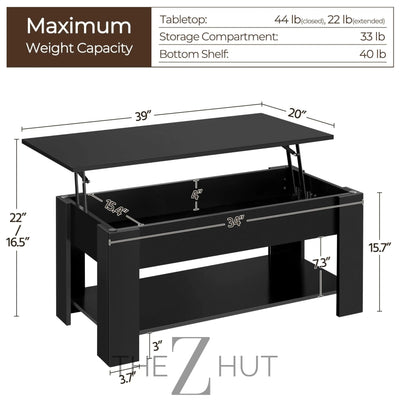 Yaheetech Wooden Coffee Table, Lift Top Coffee Table with Large Hidden Storage Shelf, Lift Tabletop Dining Tables for Living Room, Home Small Space, 38.6in, Black THE Z HUT