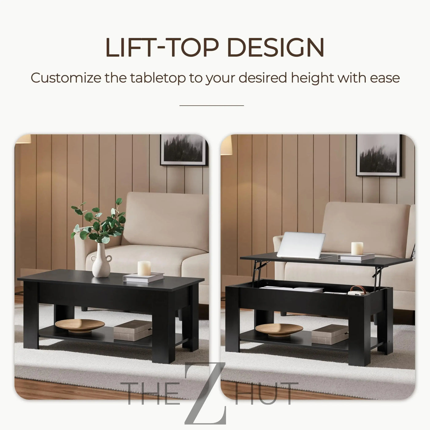 Yaheetech Wooden Coffee Table, Lift Top Coffee Table with Large Hidden Storage Shelf, Lift Tabletop Dining Tables for Living Room, Home Small Space, 38.6in, Black THE Z HUT